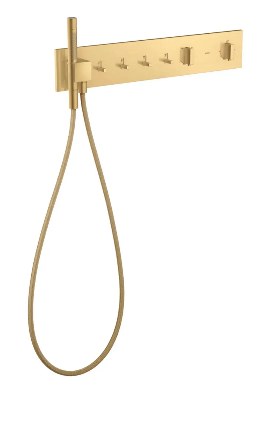 Thermostatmodul von AXOR in gebürstetem Gold mit flexibler Duschbrause und verschiedenen Steuerungsmöglichkeiten für mehrere Verbraucher.